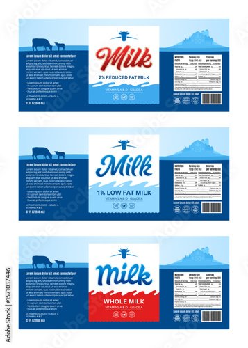 Set of vector milk horizontal labels. Milk packaging design templates, dairy product branding and identity