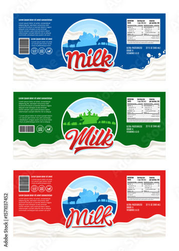Set of vector milk horizontal labels. Milk packaging design templates. Dairy farm illustrations