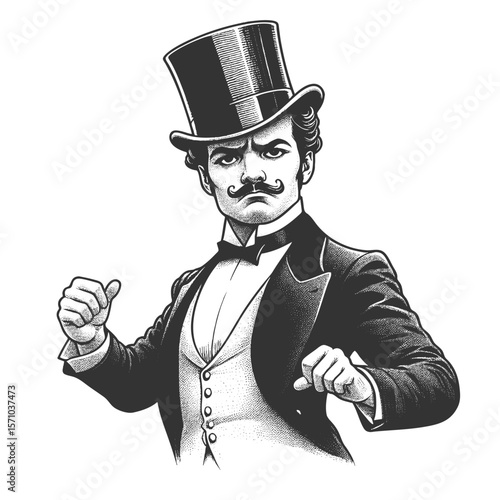 stern Victorian man with mustache and top hat, posed in a classic boxing stance sketch engraving generative ai fictional character vector illustration. Scratch board imitation. Black and white image.