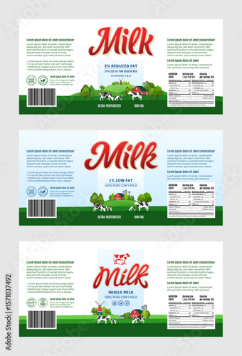Milk labels with dairy farm and cows. Milk packaging design templates. Dairy farm illustrations