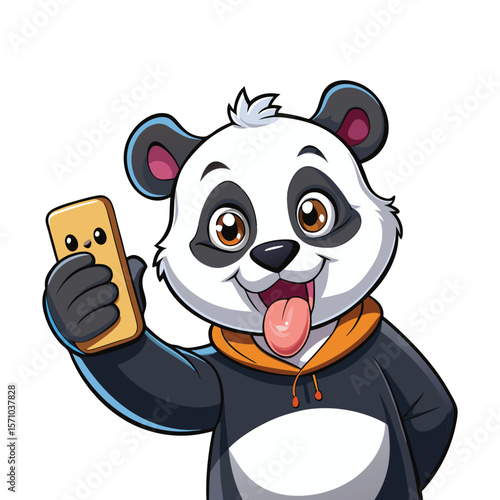 Cute Panda Taking Selfie with Funny Exaggerated Duck Face Expression, Cartoon Vector Art, Playful Animal Character, Social Media Pose, Humorous Wildlife Illustration