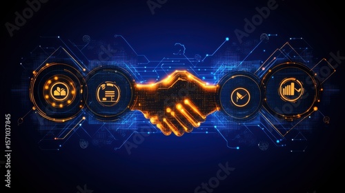 Digital Handshake Symbolizing Partnership and Collaboration in Technology with Futuristic Design and Graphics