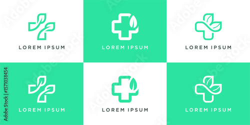 Nature health logo design set with leaf and cross