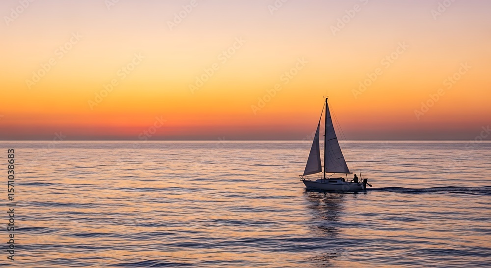 Fototapeta premium Sailboat on Calm Ocean During Colorful Sunset 