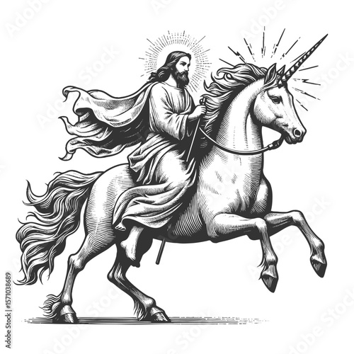 Jesus Christ with radiant halo riding a majestic unicorn sketch engraving generative ai fictional character vector illustration. Scratch board imitation. Black and white image.
