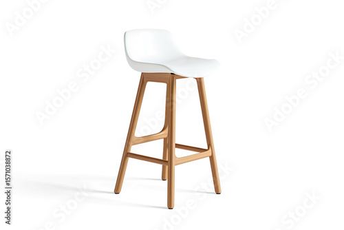  Modern white plastic seat and light wood legs bar stool on a transparent background