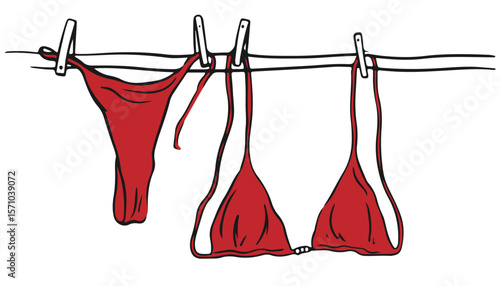 Red drying swimsuit hanging on a rope.  Bra and panties underwear laundry on the clothesline, summer beach bikini linocut doodle. Italian summer vacation doodle style illustrations.