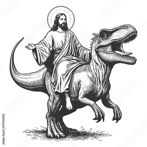 Jesus Christ with halo riding a dinosaur sketch engraving generative ai fictional character vector illustration. Scratch board imitation. Black and white image.