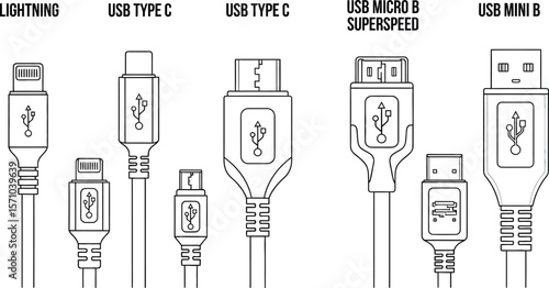 Illustration of different types of usb cables and connectors types