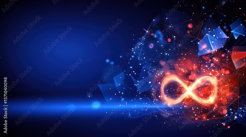 Fototapeta premium Dynamic Infinity Symbol with Abstract Background of Shining Particles and Geometric Shapes in Vivid Colors