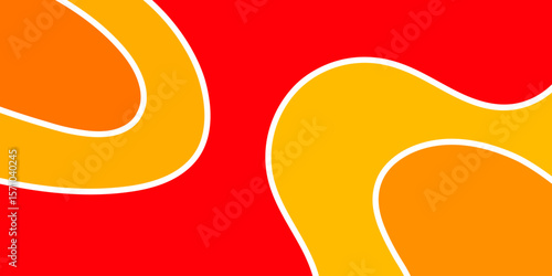 Abstract design with overlapping, curved shapes in shades of orange and red, outlined in white