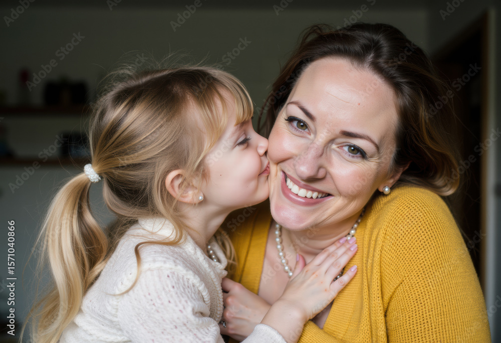 A loving little girl with blonde pigtails gives her happy, smiling mother a sweet kiss on the cheek, a heartwarming portrait of family affection and joy at home.
A loving little girl with blonde pigtails gives her happy, smiling mother a sweet kiss on the cheek, a heartwarming portrait of family affection and joy at home.