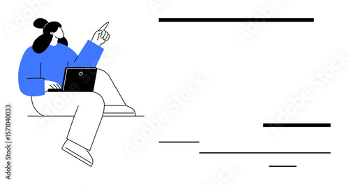 Woman sitting with a laptop, gesturing upward to explain or teach. Ideal for education, teamwork, instruction, brainstorming, communication, online learning business strategy. Simple flat metaphor