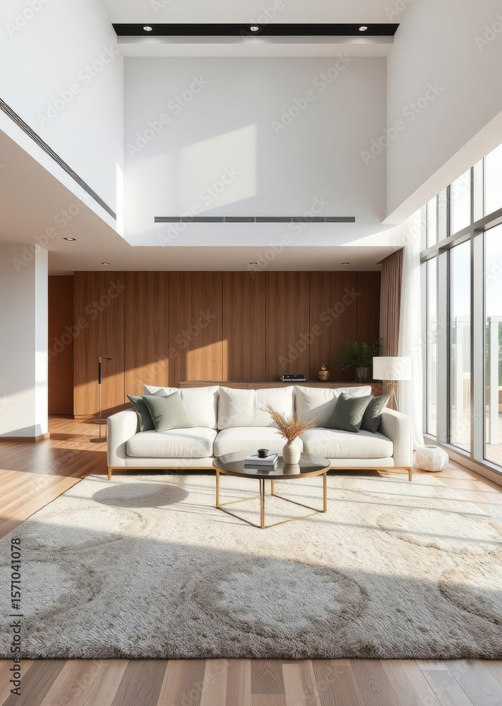 Fototapeta premium Sofa and coffee table with carpet in modern living room Empty room interior design architecture blank design room