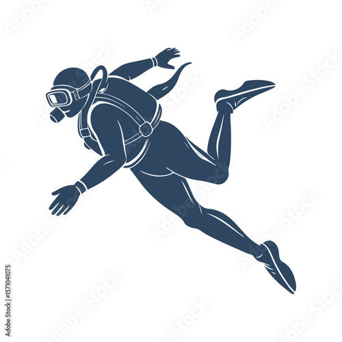 Silhouette of Scuba Diver Swimming Underwater. Vector Illustration of Diver with Oxygen Tank, Mask, and Diving Gear Isolated on White Background