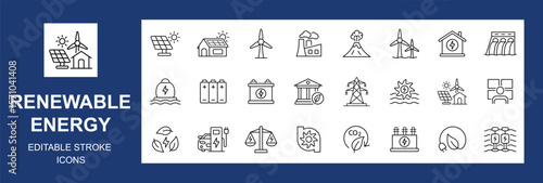 Renewable Energy Icon Set. including solar wind, alternative sources energy. Eco icon collection and low emission sustainable power system line icon set.  Editable stroke. Vector illustration.