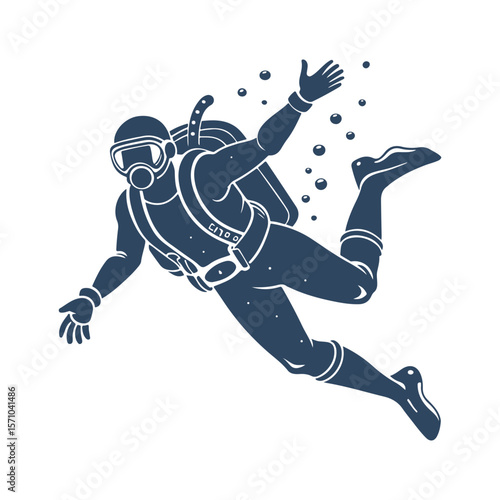 Silhouette of Scuba Diver Swimming Underwater. Vector Illustration of Diver with Oxygen Tank, Mask, and Diving Gear Isolated on White Background