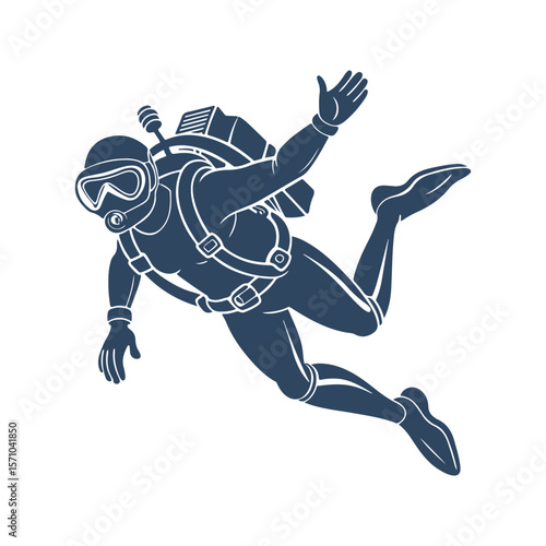 Silhouette of Scuba Diver Swimming Underwater. Vector Illustration of Diver with Oxygen Tank, Mask, and Diving Gear Isolated on White Background