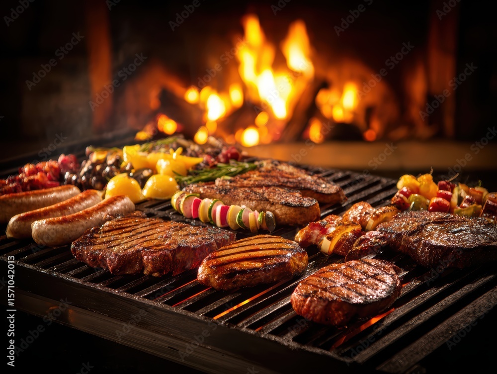 custom made wallpaper toronto digitalA variety of grilled meats, sausages, and vegetable skewers cooking on a barbecue grill with flames in the background.