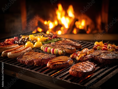 Wallpaper Mural A variety of grilled meats, sausages, and vegetable skewers cooking on a barbecue grill with flames in the background. Torontodigital.ca