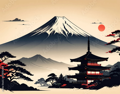 Mt. Fuji and pagoda with red sun. Japanese temple and Fuji sunset. Traditional Japan with Fuji view. Red sun over Mt. Fuji pagoda. Vintage Japanese ink landscape
