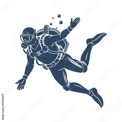 Silhouette of Scuba Diver Swimming Underwater. Vector Illustration of Diver with Oxygen Tank, Mask, and Diving Gear Isolated on White Background