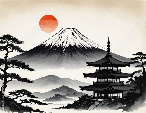 Classic Fuji and temple artwork. Red sun over Japanese pagoda. Sumi-e Fuji with orange sun. Vintage Japan temple landscape. Fuji mountain with bright sun
