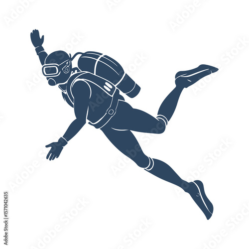 Silhouette of Scuba Diver Swimming Underwater. Vector Illustration of Diver with Oxygen Tank, Mask, and Diving Gear Isolated on White Background