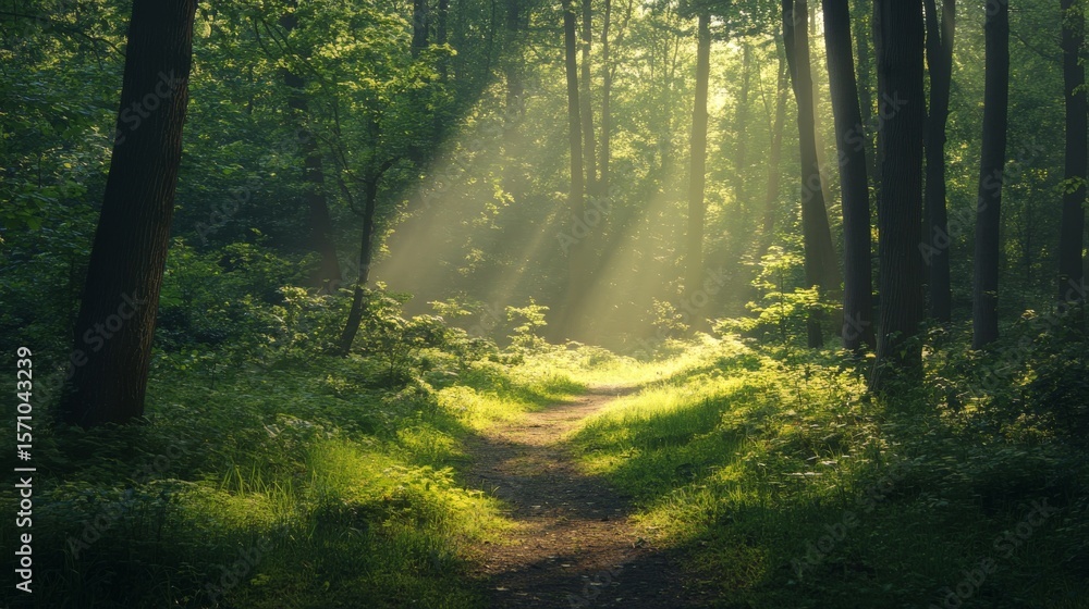 Fototapeta premium Sunbeams illuminate a path through a lush green forest.