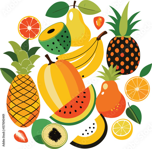A vibrant collection of colorful tropical and citrus fruits including pineapples bananas oranges watermelon and pears arranged in a playful pattern isolated on transparent background silhouette