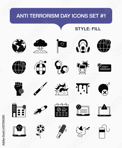 Anti-Terrorism Day Fill Icons Set – Vector Symbol Collection for Peace, Awareness, and Security Concepts
