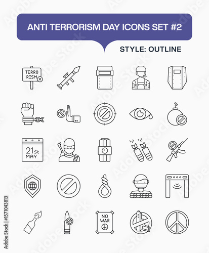 Anti-Terrorism Awareness Line Vector Icons – Outline Symbol Pack for Campaigns, Peace, and Activism