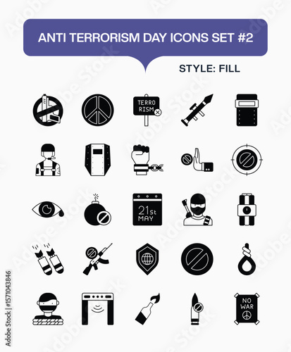 Filled Anti-Terrorism Icons Collection – Vector Set Representing Justice, Protection, and Peace Initiatives