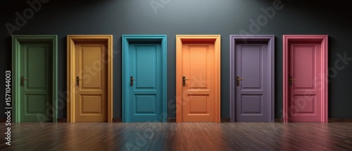 Wallpaper Mural Six colorful closed doors in a row against a gray wall with wooden flooring, each door in a distinct vibrant color. Torontodigital.ca