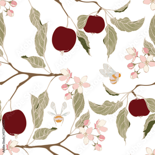 Line apple branch with bee on it. Blooming branch of sakura apple tree seamless pattern.