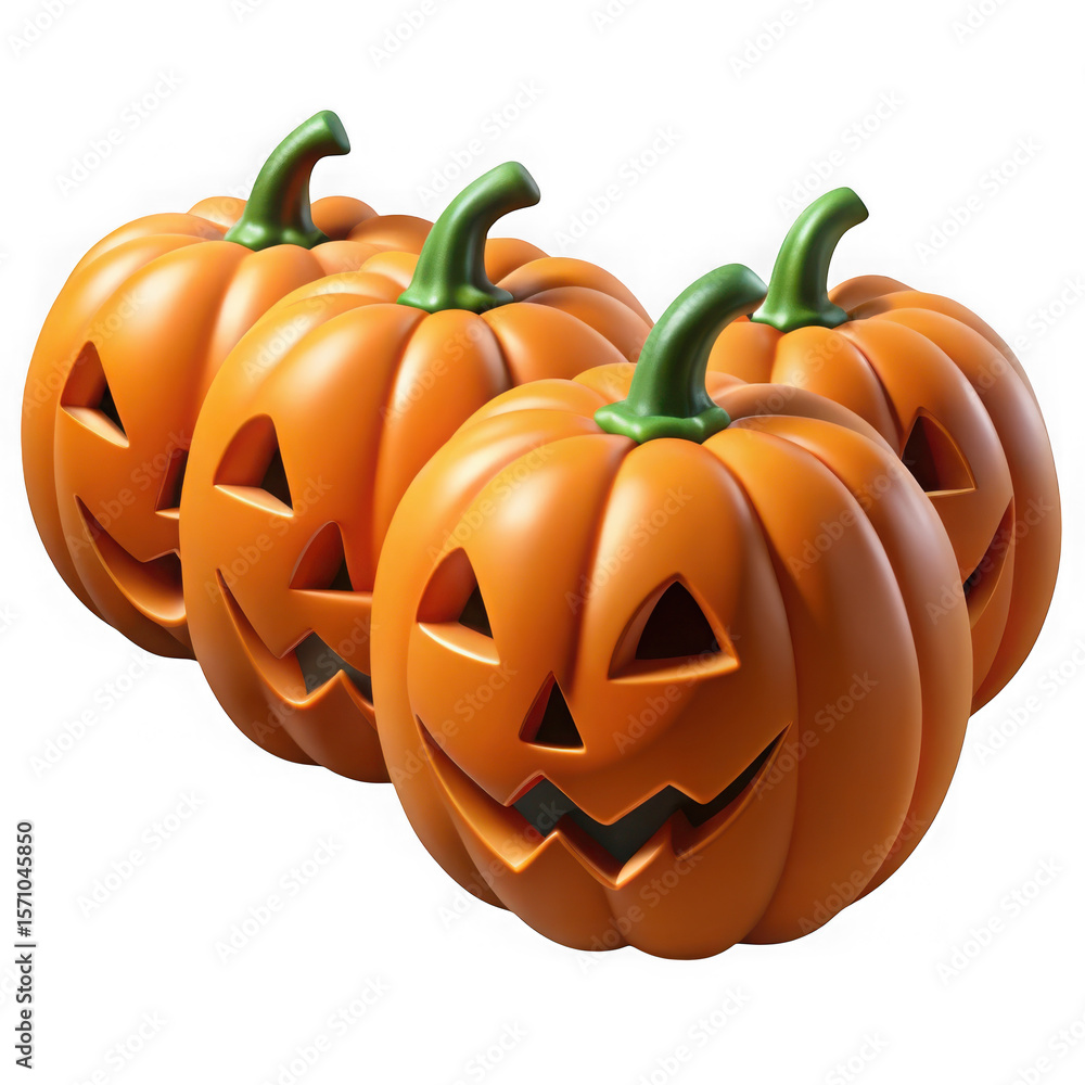 Fototapeta premium Photo of four cheerful jackolantern pumpkins isolated on transparent background