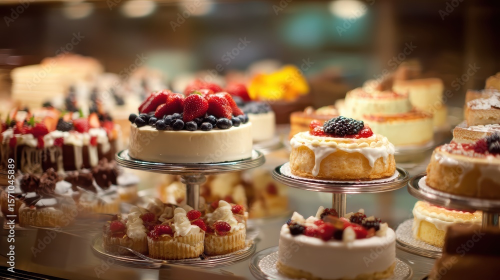 A display of various delicious cheesecakes and desserts topped with fresh berries in a bakery or dessert shop. A display of various delicious cheesecakes and desserts topped with fresh berries in a bakery or dessert shop.