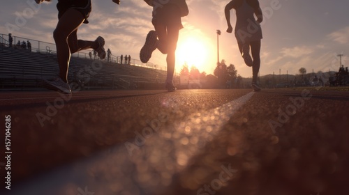 High school athletes training on track and field in summer light
