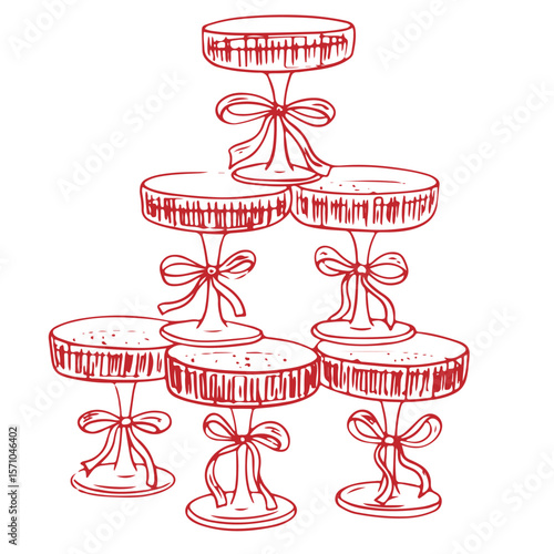 Hand drawn whimsical champagne tower. Holiday alcoholic drinks in trendy vintage style for wedding invitations, menus and parties. Ink doodle elegant coquette style. Vector minimalist illustration