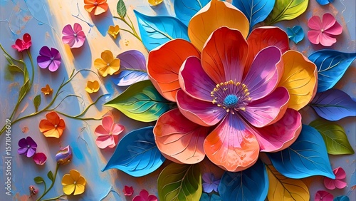 Artistic floral texture with mixed media style petals and leaves on canvas.