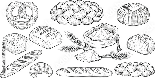 Assorted sketched bread and flour sack on a white background view