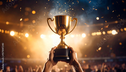 hands holding a shining golden trophy cup under bright stage lights, symbolizing success, achievement, and victory