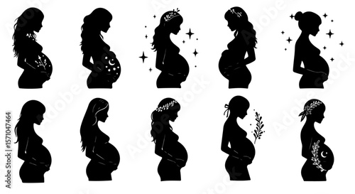 Stylish silhouettes depict pregnancy, showcasing prenatal maternal health and beauty with decorative designs on the expectant mothers.