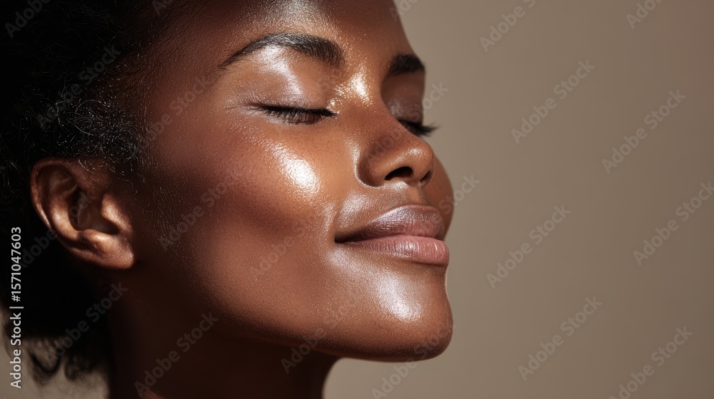 Dark-skinned woman glowing with natural oils on skin, minimalist Dark-skinned woman glowing with natural oils on skin, minimalist