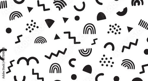 Minimalist Black and White Geometric Pattern
Abstract Memphis Style Seamless Background
Monochrome Doodle Elements Vector Design
Modern Zigzag and Shapes Abstract Wallpaper