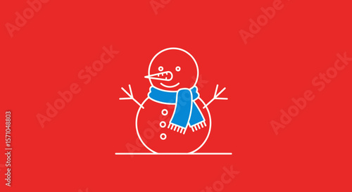 Cheerful snowman with a blue scarf on a red background