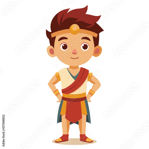 Boy dressed as a mythological character for a school play, a symbol of learning, culture, and tradition, on a plain white background, for education.