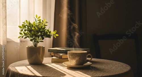 Warm sunlight streams through a window illuminating a table with a potted plant and a steaming cup of coffee. Books rest nearby creating a cozy, inviting atmosphere.