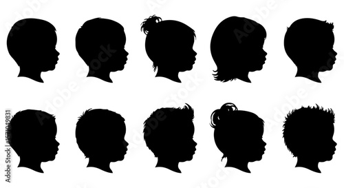 Diverse children silhouettes showcase a variety of hairstyles in a contrasting black and white composition.