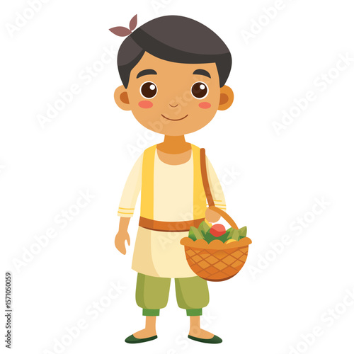 Boy in a dhoti kurta, a traditional Indian attire, holding a basket of flowers, a symbol of culture, devotion, and tradition, on a clean white background.